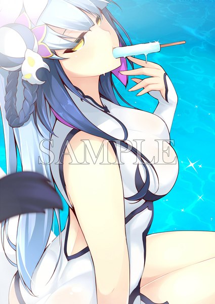 Anime picture 1500x2118 with puzzle & dragons haku (p&d) dean single long hair tall image looking at viewer light erotic yellow eyes white hair tail animal tail multicolored hair from above two-tone hair watermark eating sample watermark girl food