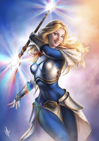 Anime picture 620x877 with league of legends lux (league of legends) warrenlouw single long hair tall image blue eyes blonde hair smile mole girl armor staff vambraces breastplate