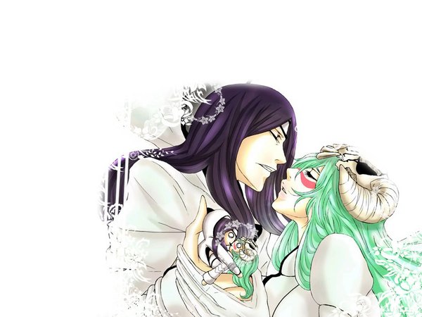 Anime picture 1024x768 with bleach studio pierrot nelliel tu odelschwanck nnoitra jiruga long hair simple background white background purple hair eyes closed profile horn (horns) green hair couple hug holding hands face to face kiss face paint almost kiss espada