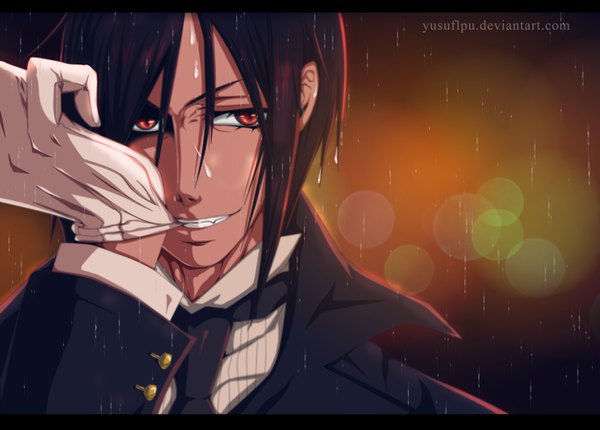 Anime picture 3300x2367 with kuroshitsuji a-1 pictures sebastian michaelis the-danstyle-art single highres short hair black hair smile red eyes holding absurdres wet coloring mouth hold rain glove biting boy gloves necktie