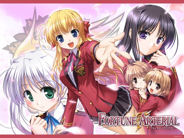 Anime picture 1280x960 with fortune arterial august soft galge.com sendou erika tougi shiro yuuki haruna kuze kiriha yuuki kanade long hair looking at viewer short hair open mouth blue eyes black hair blonde hair brown hair purple eyes multiple girls brown eyes green eyes