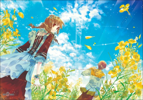 Anime picture 1248x878 with hasaki (pixiv) long hair short hair smile red eyes brown hair sky cloud (clouds) braid (braids) looking back hair flower from behind sunlight twin braids summer girl dress boy hair ornament flower (flowers)