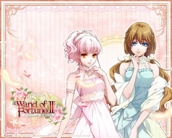 Anime picture 1280x1024 with wand of fortune 2 idea factory lulu (wand of fortune) amy salovaara long hair looking at viewer fringe open mouth blue eyes brown hair multiple girls pink hair orange eyes girl dress hair ornament flower (flowers) 2 girls jewelry feather (feathers)