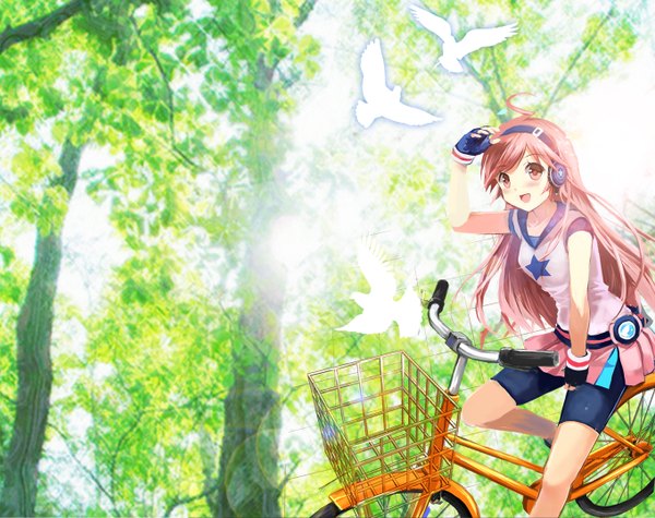 Anime picture 1360x1078 with vocaloid miki (vocaloid) shiawase usagi (artist) single long hair blush open mouth pink hair ahoge pink eyes girl plant (plants) animal tree (trees) hairband headphones bird (birds) ground vehicle bicycle