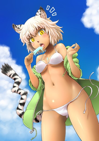 Anime picture 1155x1640 with original minazuki tsuyuha single tall image blush short hair light erotic blonde hair animal ears yellow eyes cloud (clouds) animal tail open clothes open jacket girl navel swimsuit bikini food sweets