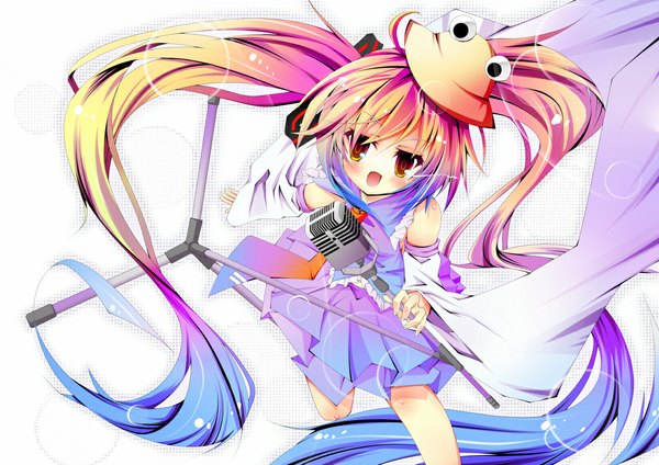 Anime picture 1131x800 with touhou moriya suwako gamuo blush open mouth twintails multicolored hair orange eyes girl dress hat microphone