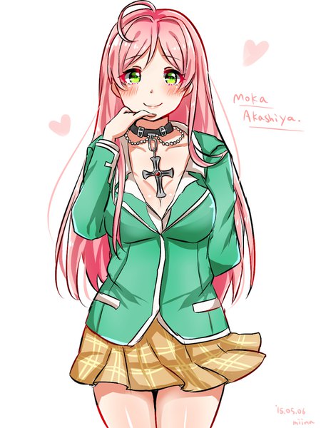 Anime picture 1200x1600 with rosario+vampire akashiya moka miina_(migelkerk) single long hair tall image looking at viewer blush fringe simple background smile white background green eyes signed pink hair cleavage ahoge pleated skirt character names finger to mouth