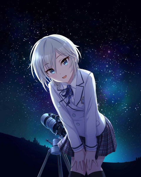 Anime picture 1600x1998 with idolmaster idolmaster cinderella girls anastasia (idolmaster) single tall image looking at viewer blush short hair open mouth blue eyes smile silver hair pleated skirt night official art leaning zettai ryouiki leaning forward night sky plaid skirt
