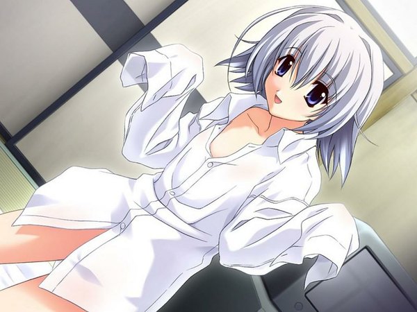 Anime picture 1024x768 with memories off sagisawa yukari blue eyes light erotic game cg white hair jpeg artifacts girl