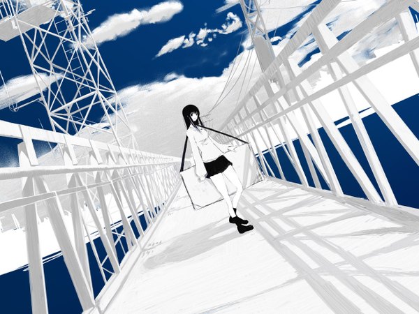 Anime picture 1280x960 with emukami single long hair looking at viewer black hair sky girl skirt uniform school uniform miniskirt shoes bridge