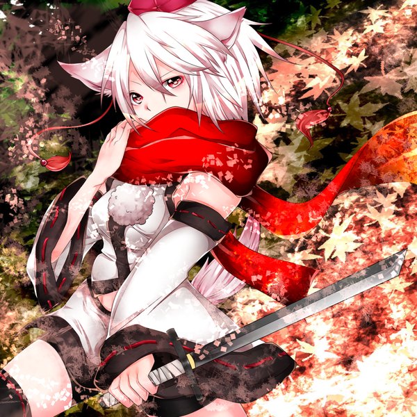 Anime picture 1500x1500 with touhou inubashiri momiji aoi (husiginokuninoa) single short hair red eyes animal ears white hair girl detached sleeves sword scarf katana leaf (leaves) red scarf tokin hat