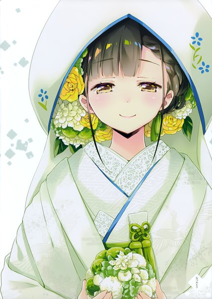 Anime picture 2848x4000 with original natsume eri single tall image looking at viewer blush fringe highres short hair black hair smile white background holding brown eyes traditional clothes japanese clothes hair flower scan floral print girl