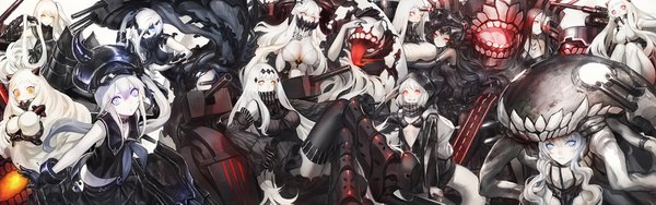 Anime picture 2000x627 with kantai collection wo-class aircraft carrier battleship-symbiotic hime northern ocean hime re-class battleship seaport hime airfield hime aircraft carrier hime midway hime isolated island hime destroyer hime aircraft carrier water oni ne-class heavy cruiser infukun long hair looking at viewer breasts blue eyes light erotic black hair