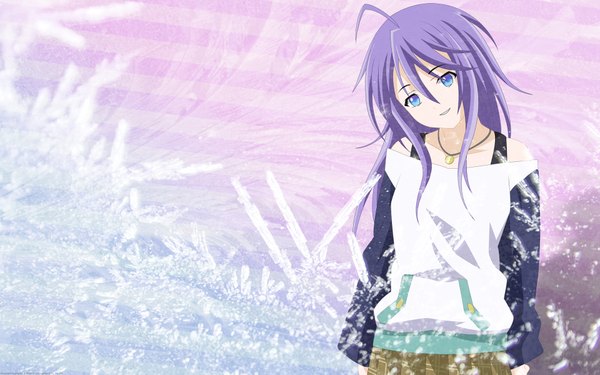 Anime picture 1920x1200 with rosario+vampire shirayuki mizore highres wide image purple hair blue background pink background