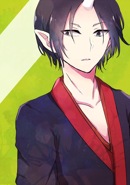 Anime picture 705x1000 with hoozuki no reitetsu wit studio hoozuki (hoozuki no reitetsu) ringomaru single tall image short hair black hair traditional clothes japanese clothes horn (horns) pointy ears black eyes looking down green background demon boy