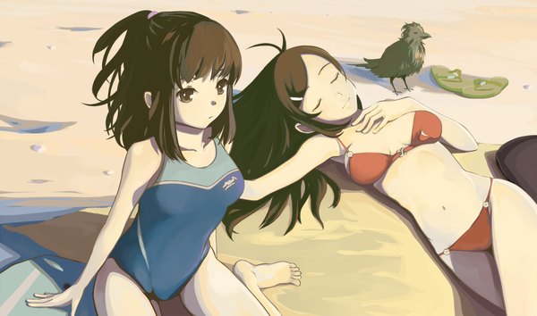 Anime picture 1694x1000 with kuchibiru (lipblue) brown hair wide image multiple girls brown eyes beach girl 2 girls swimsuit bikini red bikini