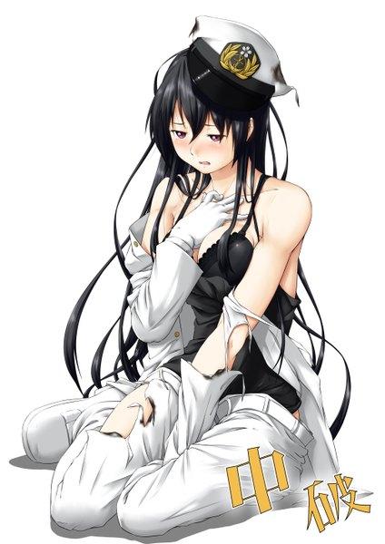 Anime picture 1000x1414 with kantai collection female admiral (kantai collection) niwatazumi single long hair tall image blush open mouth light erotic black hair simple background red eyes white background torn clothes girl lingerie bra black bra peaked cap