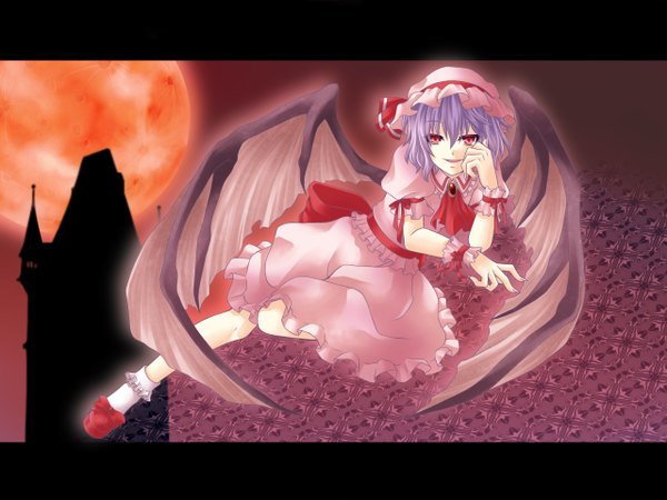 Anime picture 2560x1920 with touhou remilia scarlet hitsugi kaname single highres short hair red eyes blue hair letterboxed bat wings red moon girl skirt hat wings moon wrist cuffs skirt set