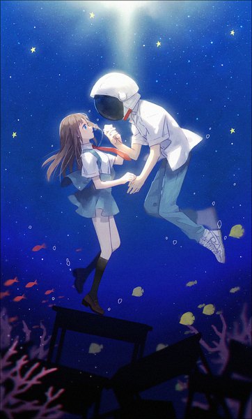 Anime picture 900x1488 with original hakusai (tiahszld) long hair tall image open mouth blue eyes brown hair standing holding sunlight short sleeves couple standing on one leg dark background underwater surprised girl boy skirt uniform