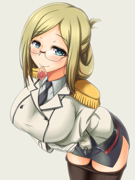 Anime picture 600x800 with kantai collection katori (kantai collection) saboten teishoku single tall image looking at viewer blush breasts blue eyes light erotic blonde hair simple background smile large breasts pantyhose pull condom in mouth girl skirt uniform miniskirt