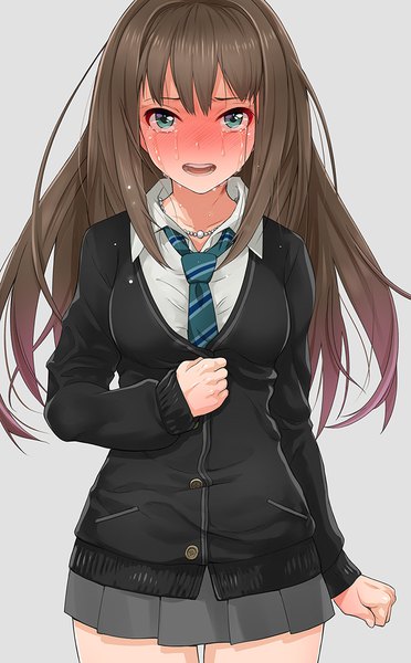 Anime picture 681x1098 with idolmaster idolmaster cinderella girls shibuya rin kazu single long hair tall image looking at viewer blush fringe open mouth simple background brown hair green eyes pleated skirt multicolored hair grey background teeth tears gradient hair