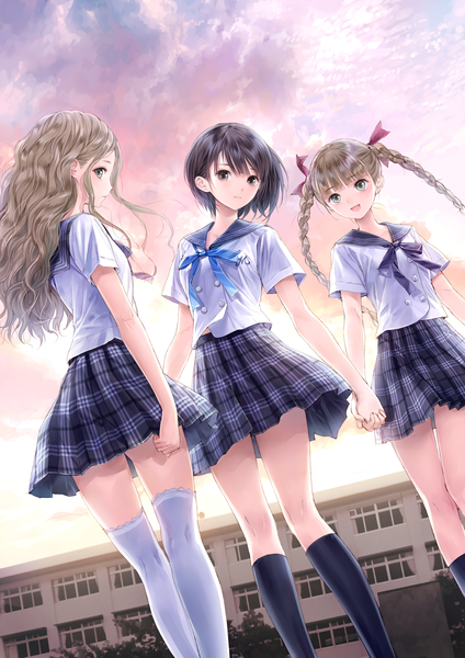 Anime picture 2893x4092 with blue reflection gust (company) shirai hinako shijou yuzuki shijou raimu kishida mel long hair tall image looking at viewer blush highres short hair open mouth black hair brown hair twintails multiple girls brown eyes sky cloud (clouds)