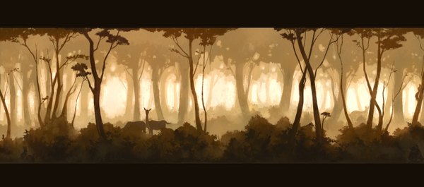 Anime picture 1400x620 with original ryota-h looking at viewer wide image letterboxed no people nature plant (plants) animal tree (trees) forest deer