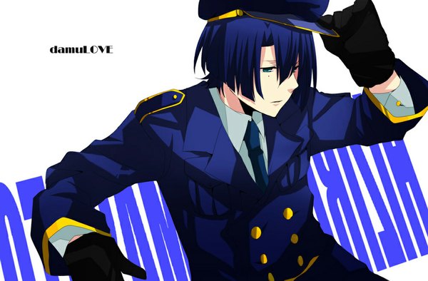 Anime picture 1065x700 with uta no prince-sama a-1 pictures hijirikawa masato tagme (artist) short hair blue eyes sitting blue hair mole mole under eye boy gloves peaked cap