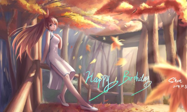 Anime picture 3000x1791 with nisekoi shaft (studio) kirisaki chitoge shon single long hair highres blue eyes blonde hair wide image ponytail traditional clothes chinese clothes happy birthday girl plant (plants) tree (trees) leaf (leaves) chinese dress