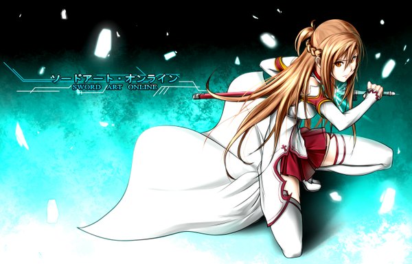 Anime picture 2800x1800 with sword art online a-1 pictures yuuki asuna long hair highres brown hair brown eyes copyright name girl thighhighs weapon detached sleeves white thighhighs sword cloak