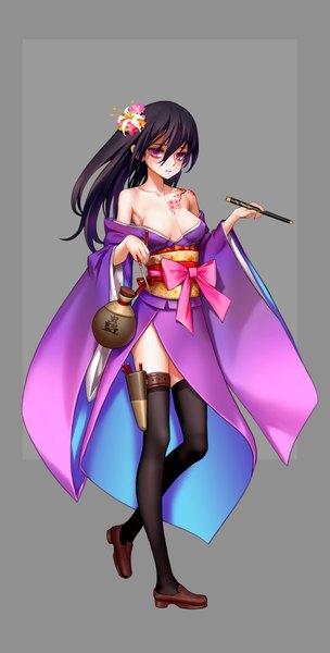 Anime picture 1005x1980 with m.a.d mafia is all dead as109 single long hair tall image looking at viewer fringe breasts light erotic simple background holding cleavage purple hair traditional clothes japanese clothes pink eyes hair flower grey background wide sleeves no bra