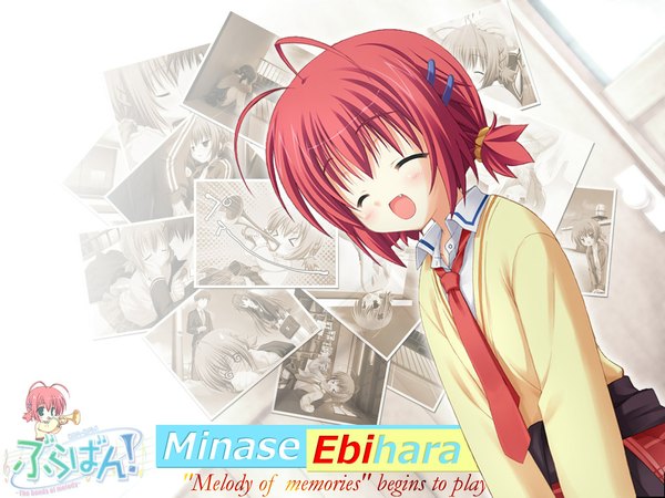 Anime picture 1024x768 with bra-ban! ebihara minase muririn short hair open mouth twintails red hair teeth fang (fangs) wallpaper musical instrument child (children) trumpet