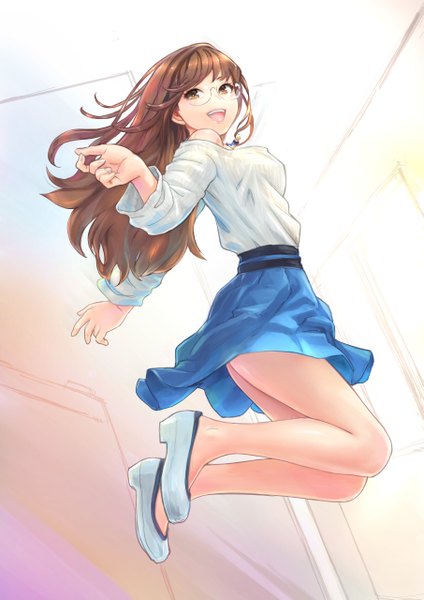 Anime picture 905x1280 with original carina (xiaowoo) single long hair tall image open mouth brown hair brown eyes girl dress glasses shoes