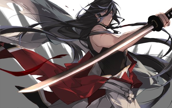 Anime picture 1200x750 with touken ranbu nitroplus izuminokami kanesada fuku tsu single long hair looking at viewer fringe blue eyes black hair smile hair between eyes holding traditional clothes japanese clothes boy weapon sword katana