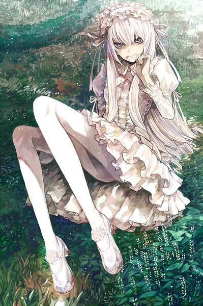 Anime picture 659x990 with original shrimpman single long hair tall image looking at viewer fringe smile bent knee (knees) white hair grey eyes reclining girl dress plant (plants) pantyhose white dress blood grass white pantyhose