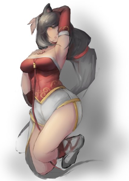 Anime picture 908x1280 with league of legends ahri (league of legends) pandea work single tall image looking at viewer black hair simple background bare shoulders animal ears yellow eyes very long hair wide sleeves armpit (armpits) legs hand on chest fox girl girl dress detached sleeves