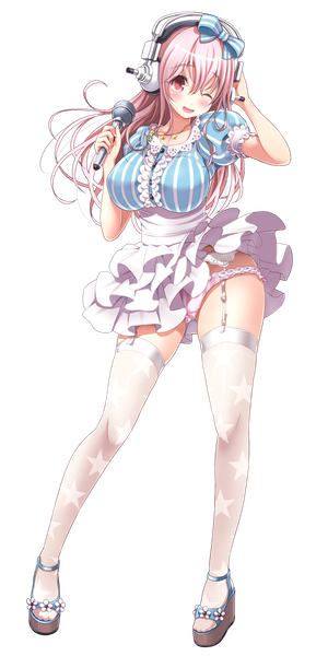 Anime picture 600x1200 with nitroplus super sonico v-mag single long hair tall image looking at viewer blush breasts open mouth light erotic large breasts pink hair full body one eye closed pink eyes wink transparent background hand on headphones girl