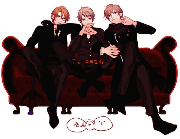 Anime picture 1000x776 with axis powers hetalia studio deen america (hetalia) russia (hetalia) prussia (hetalia) looking at viewer short hair blue eyes blonde hair simple background red eyes brown hair white background sitting purple eyes light smile grey hair multiple boys crossed legs finger to mouth