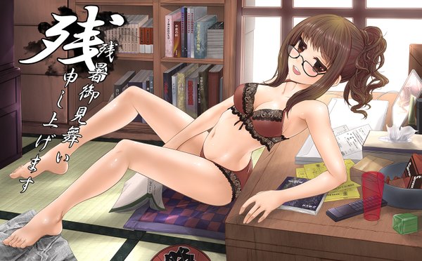 Anime picture 1535x952 with original kazu light erotic brown hair wide image brown eyes underwear only girl navel underwear panties glasses book (books) table shelf bookshelf