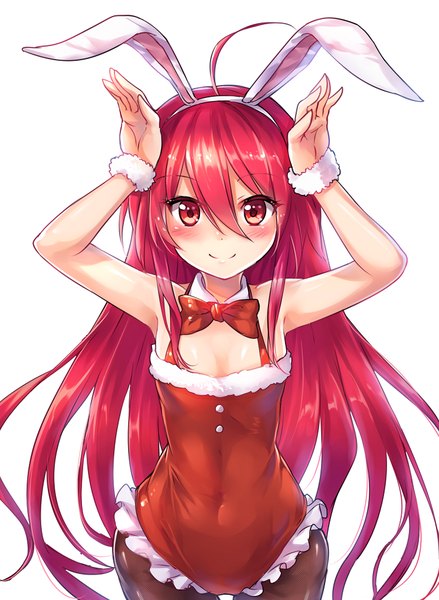 Anime picture 744x1016 with shakugan no shana j.c. staff shana ks single long hair tall image looking at viewer blush breasts light erotic simple background smile red eyes white background animal ears ahoge red hair arms up bunny ears