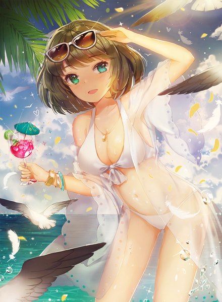 Anime picture 1100x1500 with idolmaster idolmaster cinderella girls takagaki kaede dangmill single tall image looking at viewer breasts light erotic sky cloud (clouds) girl navel swimsuit animal bikini petals bracelet bird (birds) sunglasses