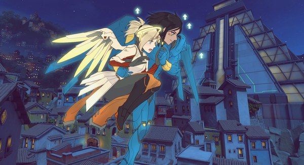 Anime picture 1665x906 with howl's moving castle overwatch blizzard entertainment studio ghibli mercy (overwatch) pharah (overwatch) b (meromerone) short hair open mouth blue eyes black hair blonde hair wide image multiple girls looking away bent knee (knees) ponytail braid (braids) profile night