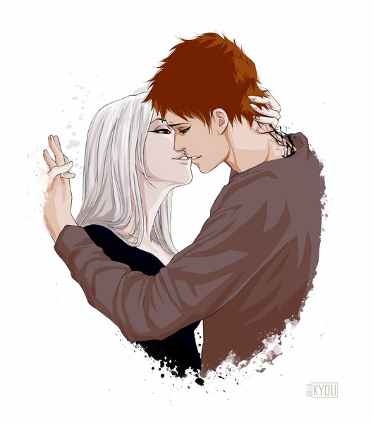 Anime picture 900x1020 with original kyoux (artist) long hair tall image short hair simple background smile red eyes brown hair white background brown eyes white hair profile from behind tattoo couple hug magic holding hands pale skin