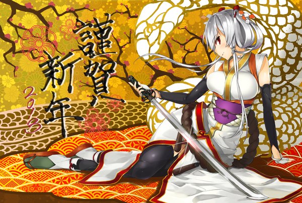 Anime picture 1748x1181 with original u nagi single long hair looking at viewer blush highres red eyes silver hair traditional clothes japanese clothes girl thighhighs hair ornament weapon black thighhighs sword kimono katana obi