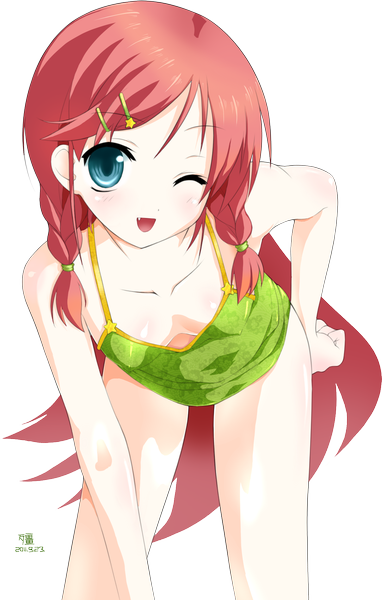 Anime picture 1208x1894 with touhou hong meiling cathayan (artist) single long hair tall image open mouth blue eyes light erotic red hair braid (braids) one eye closed wink teeth fang (fangs) twin braids transparent background girl hair ornament bobby pin