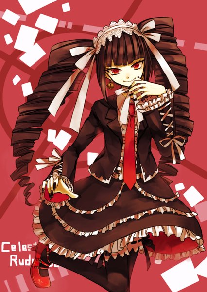 Anime picture 1184x1668 with dangan ronpa celestia ludenberg sudach koppe single long hair tall image looking at viewer fringe black hair smile red eyes twintails nail polish fingernails character names drill hair long fingernails leg lift (legs lift) lolita fashion black nail polish