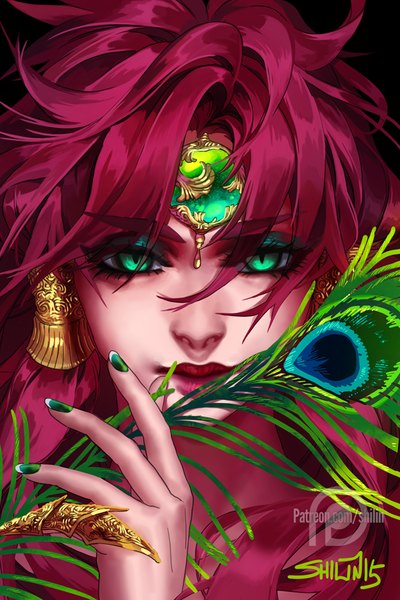 Anime picture 600x900 with shilin single long hair tall image looking at viewer fringe smile holding green eyes pink hair nail polish realistic lipstick close-up pink lipstick cat eyes green nail polish girl earrings jewelry