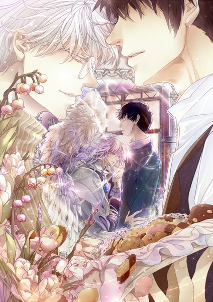 Anime picture 750x1060 with card captor sakura clamp yue (cardcaptor sakura) kinomoto touya tsukishiro yukito aruco long hair tall image short hair brown hair holding purple hair white hair eyes closed parted lips profile light smile lips grey hair multiple boys