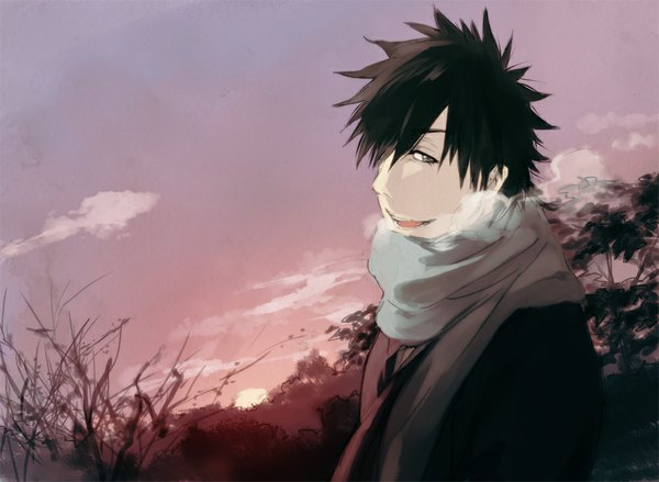 Anime picture 1000x732 with bleach studio pierrot shiba kaien an (artist) single looking at viewer fringe short hair open mouth smile brown hair sky cloud (clouds) traditional clothes japanese clothes hair over one eye grey eyes exhalation steam gotei