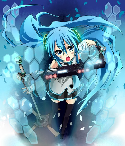 Anime picture 1750x2046 with vocaloid hatsune miku koshi-kun (artist) single long hair tall image highres open mouth twintails aqua eyes aqua hair girl thighhighs black thighhighs microphone